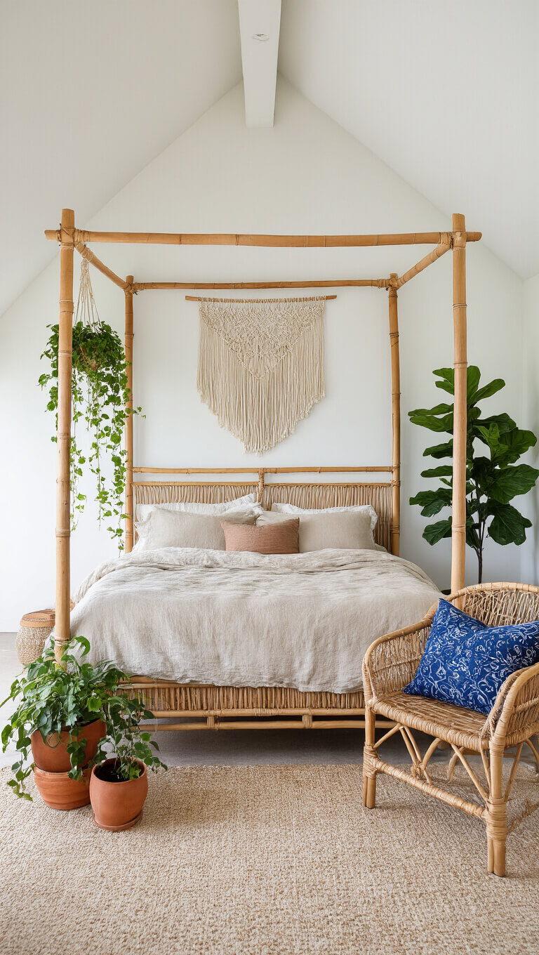 Coastal bohemian bedroom with bamboo canopy bed, linen bedding, macramé wall art, fiddle leaf fig, rattan chair with indigo pillow, and terracotta pots with trailing plants.