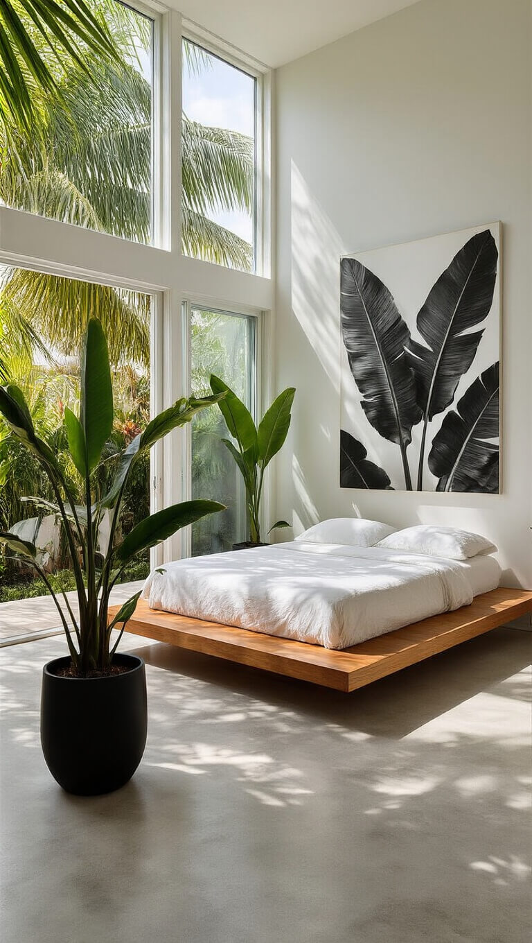 Minimalist tropical bedroom with teak platform bed, concrete floors, large windows showing palm fronds, black and white banana leaf artwork, and bird of paradise plant in black planter.
