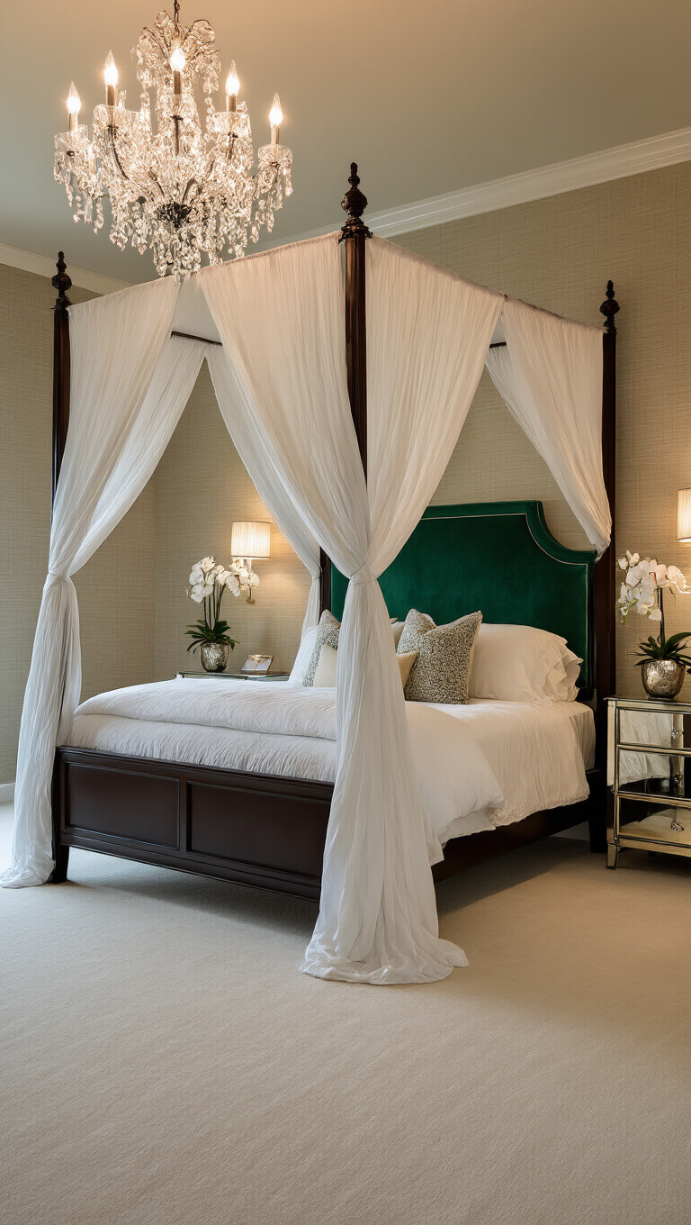Moody dusk-lit bedroom with four-poster bed, emerald velvet headboard, white canopy, crystal chandelier, and mirrored nightstands with orchids.