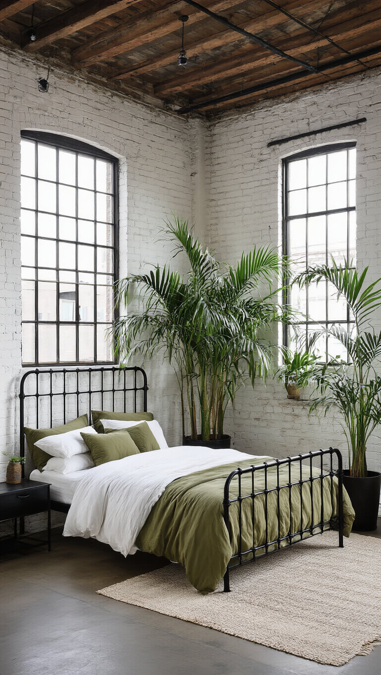 High-angle view of a tropical industrial loft bedroom with white brick walls, tall ceilings, iron bed, leafy potted palms, and vintage factory windows filtering sunlight.