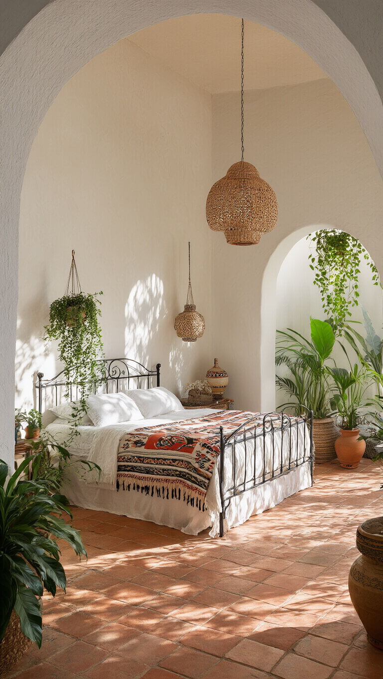 Eye-level view of sunlit Mediterranean-Tropical bedroom with terracotta floors, tribal textiles on wrought iron bed, cascading plants in ceramic pots, and woven pendant lights casting shadows.