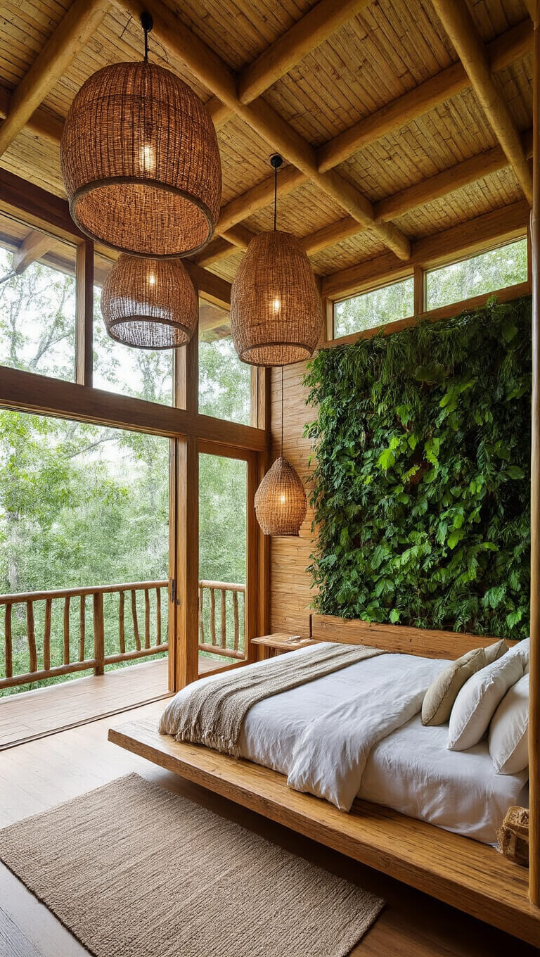 Eco-luxury treehouse bedroom with floating platform bed, bamboo architecture, living wall, floor-to-ceiling windows, and canopy views.