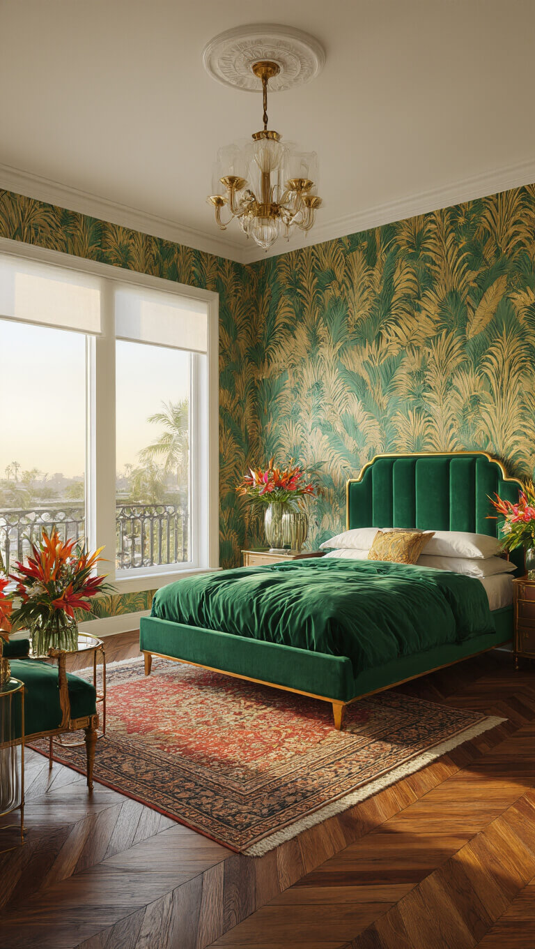 Vintage tropical glamour bedroom with emerald art deco bed, gold palm wallpaper, brass accents, tropical flowers in milk glass vases, and sunset lighting over chevron wood floors and Persian rug.