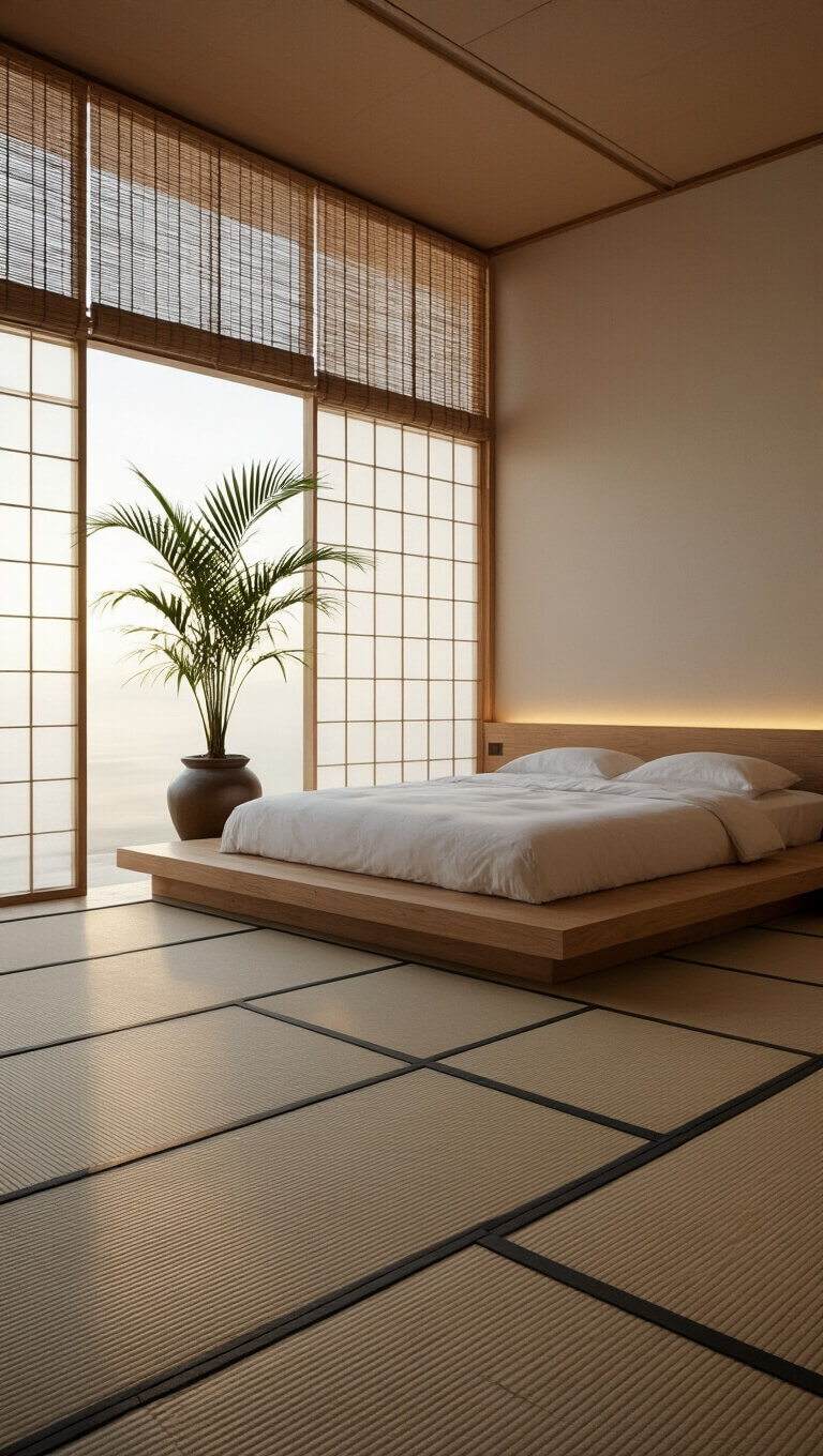 Minimalist tropical bedroom at dawn with low platform bed, shoji screen wall, palm in ceramic pot, bamboo blinds, and tatami mats creating a serene, balanced space.