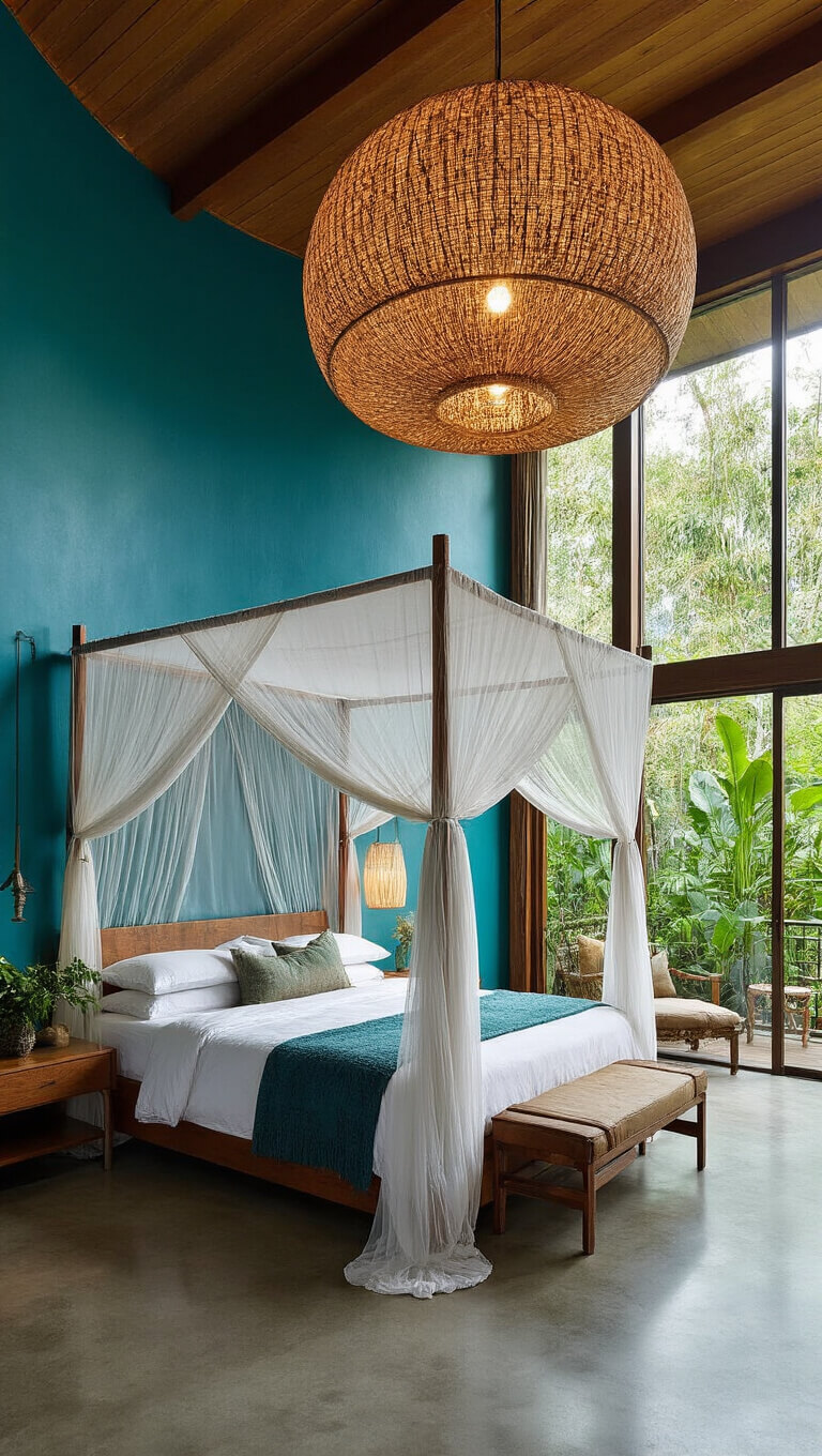 Elevated view of modern 17x19ft bedroom with deep teal curved wall, four-poster bed with mosquito netting, living plant wall, polished concrete floors, and woven canopy light fixture.