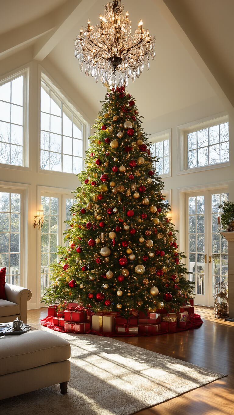 Sunlit living room with high cathedral ceiling, showcasing a 9ft Noble Fir adorned in red and gold vintage ornaments, with prismatic morning light and soft bokeh background.