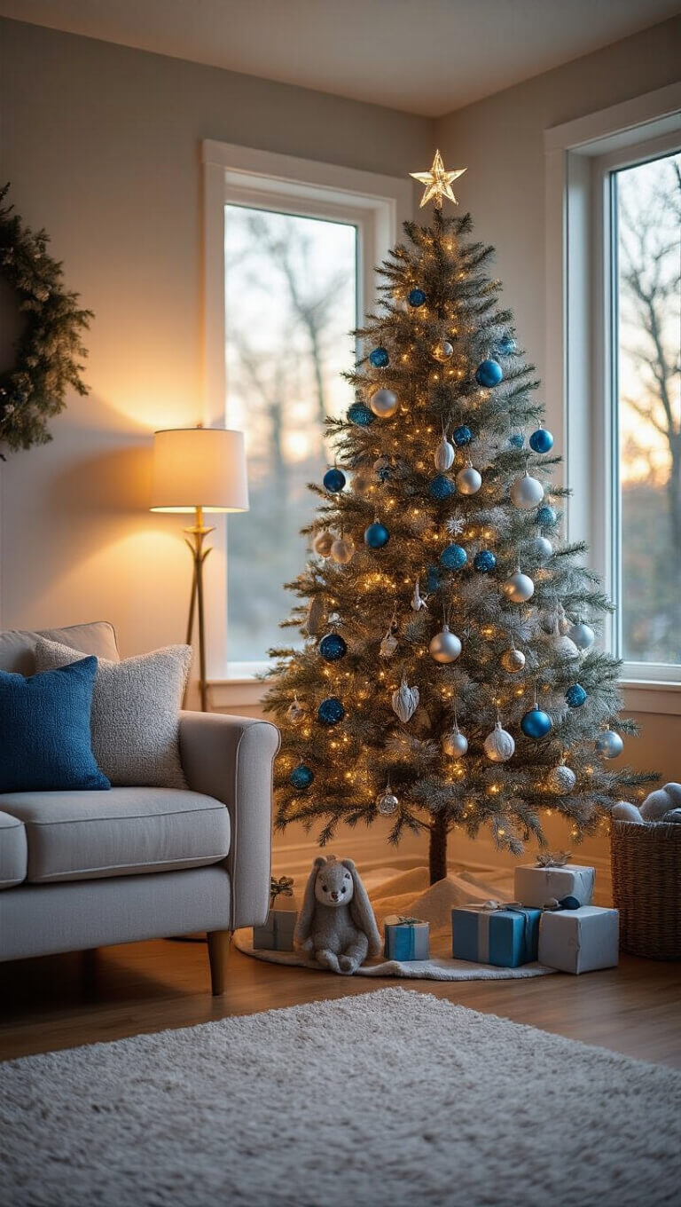 Cozy family room corner with 6ft decorated artificial tree in silver and blue ornaments, child-height woodland decorations, warm LED lights, and golden hour natural light.