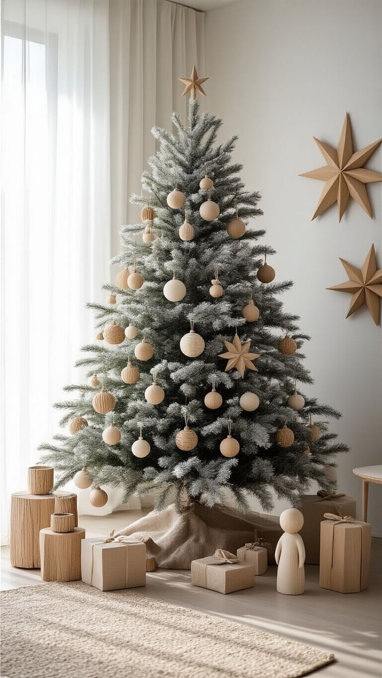 Scandinavian-style Christmas room with 7ft flocked tree decorated in neutral wooden ornaments, geometric stars, and natural textures, viewed from above in soft afternoon light.