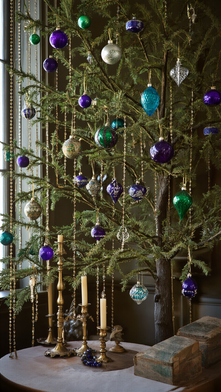 Victorian parlor with 8ft Christmas tree adorned in jewel-toned vintage glass ornaments, brass candle holders, and beaded garlands, softly lit at dusk.
