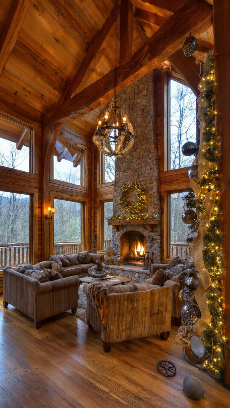 Rustic mountain cabin great room with pine tree decorated in mercury glass and burlap, glowing fireplace, and exposed wooden beams under cathedral ceiling.