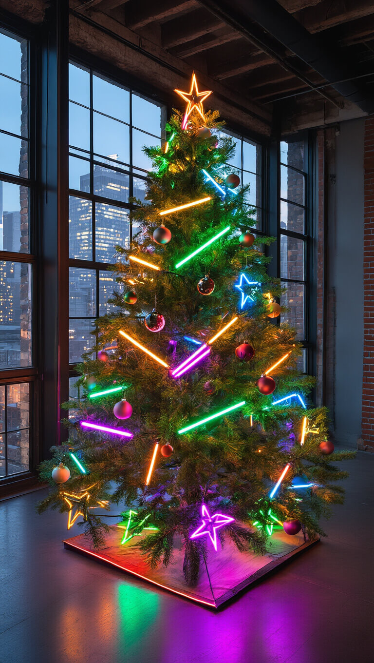 High-angle view of a contemporary 14x14ft urban loft with an 8ft slim artificial tree decorated with neon pop culture ornaments and custom LED lights, glowing against evening city lights through industrial windows.