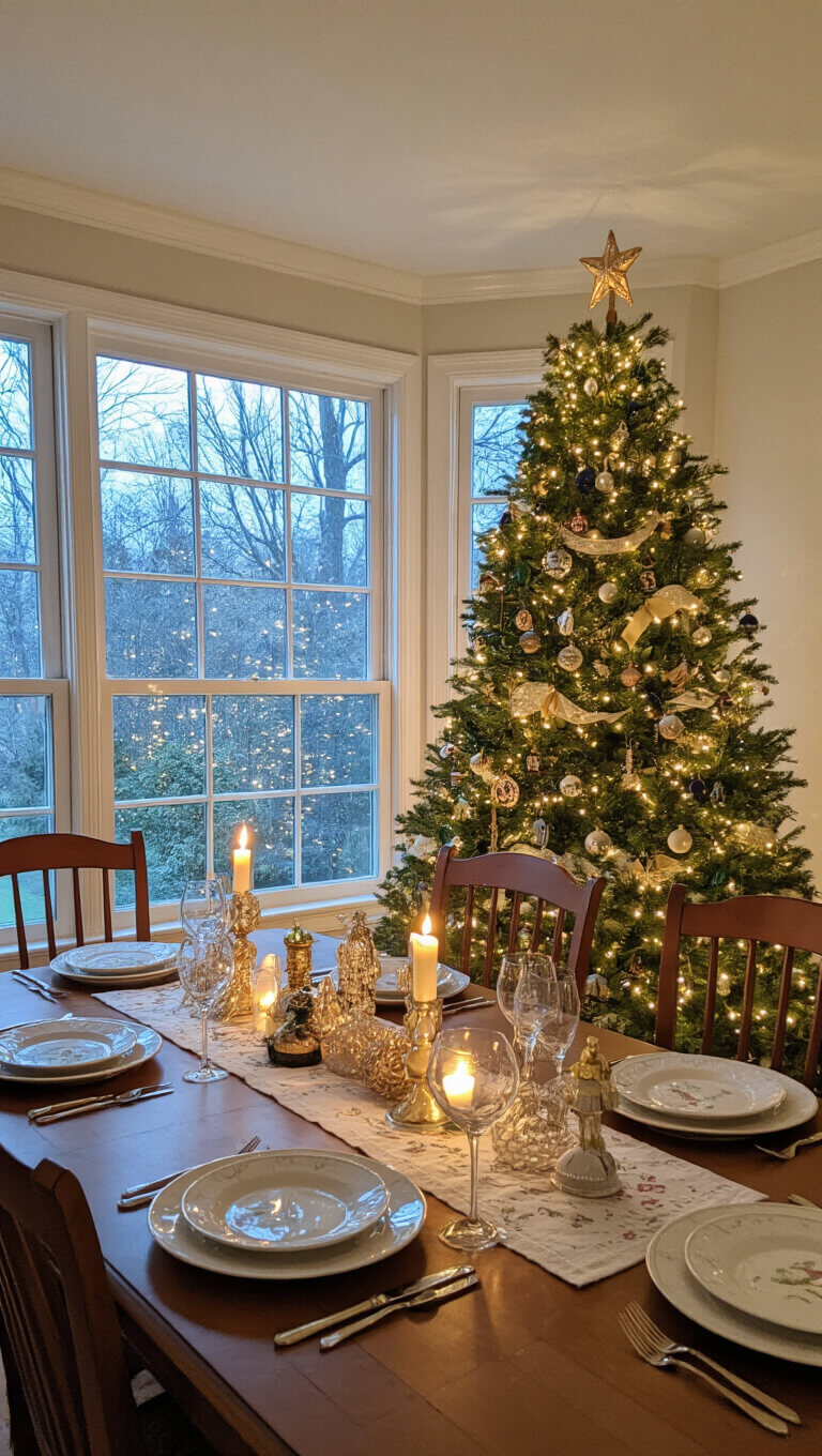 Holiday dining room with heirloom-decorated Christmas tree in bay window, softly lit with white lights, and festive table setting in foreground during blue hour.