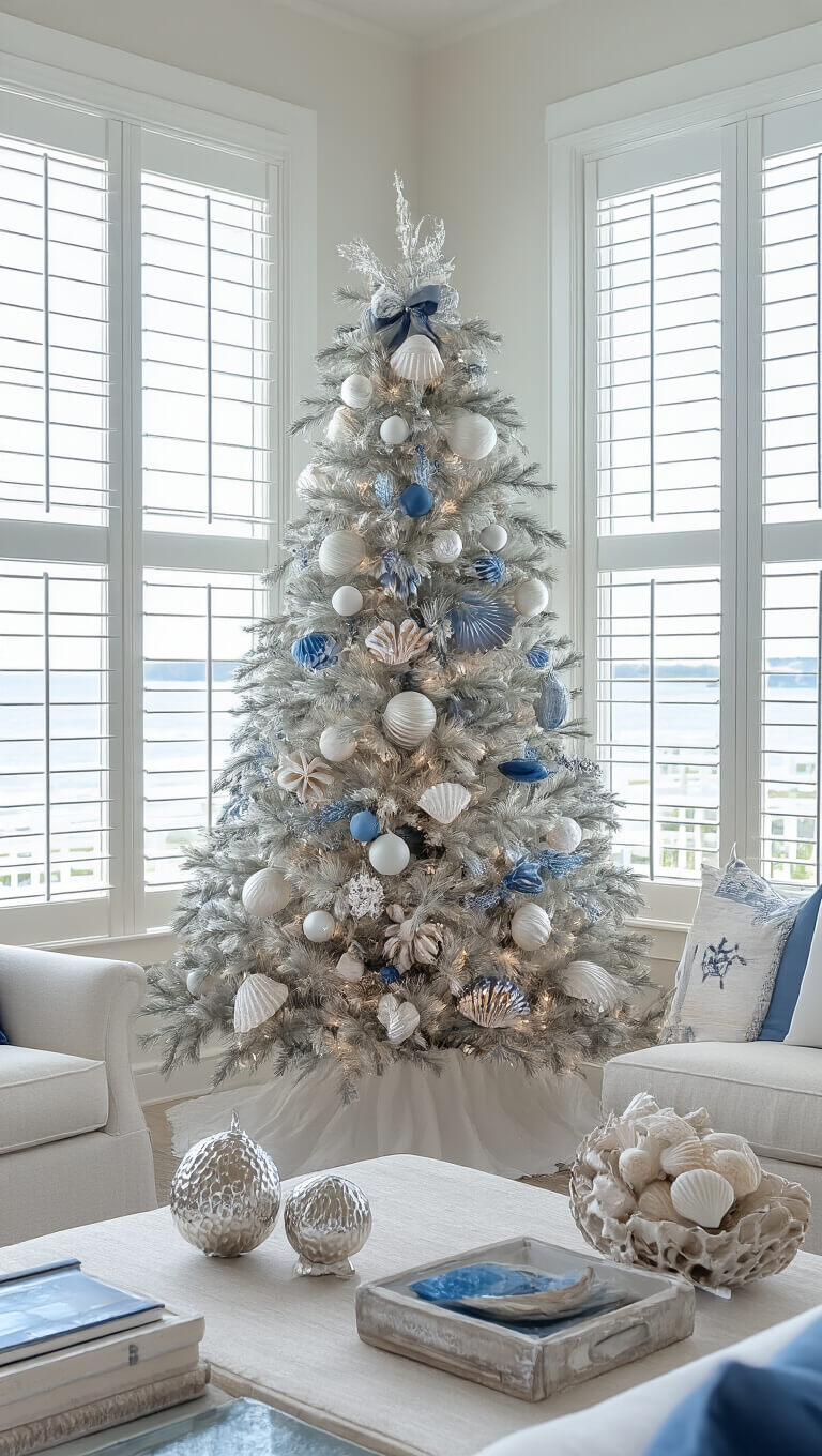 Coastal style great room with 9ft nautical-themed Christmas tree in white, silver, and ocean blues; metallic seashells and glass floats; bright midday light through plantation shutters.