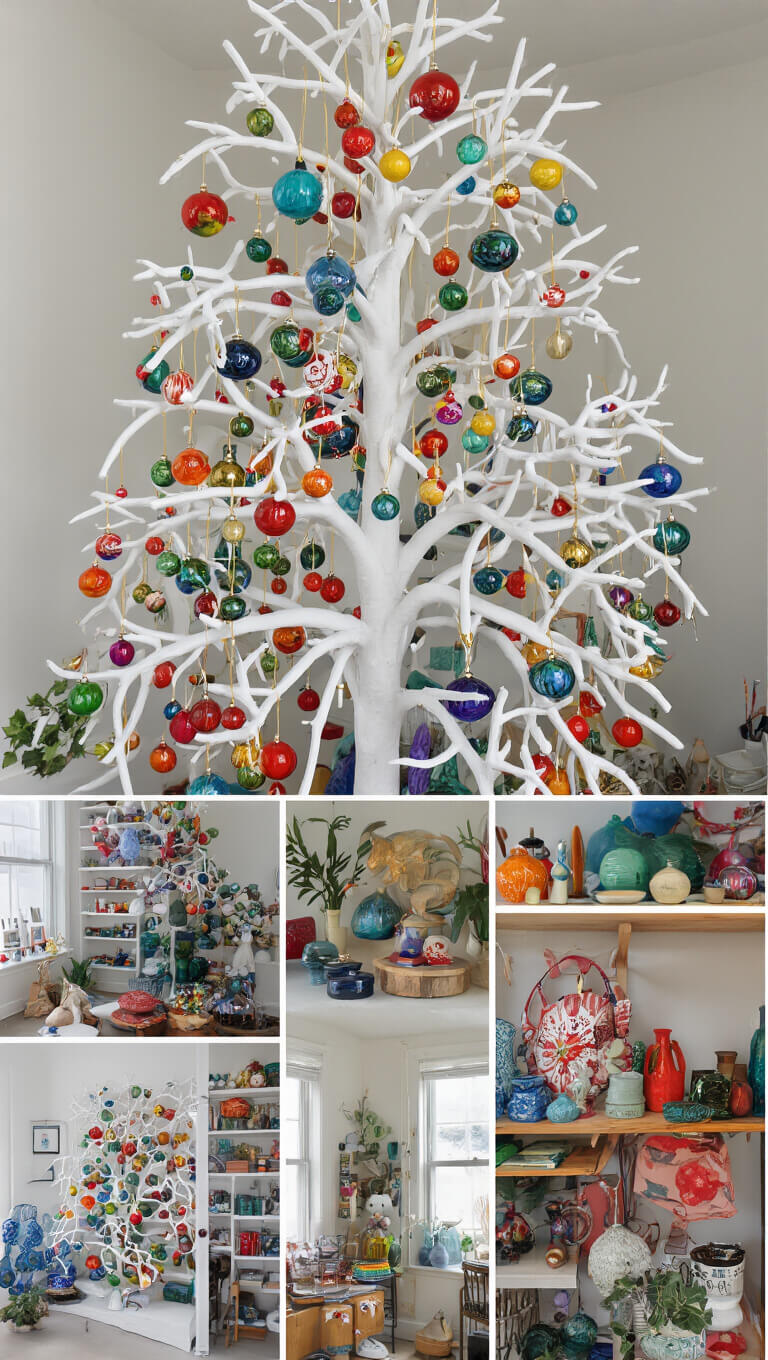 Eclectic 10x12ft artist's studio with 6ft white tree adorned in rainbow-hued ceramic and blown glass ornaments, artistically arranged top to bottom; detail shots highlight craftsmanship under soft north-facing light.