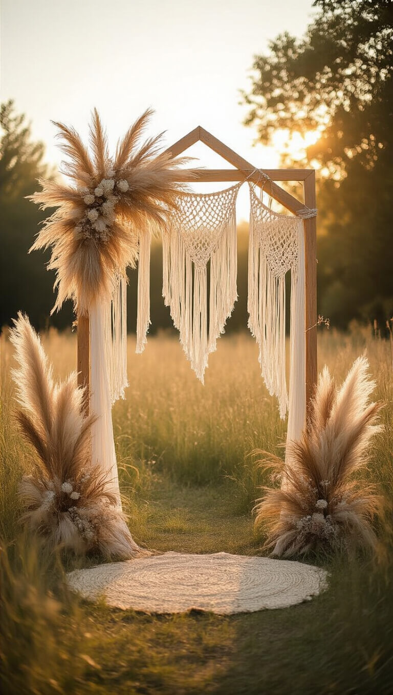 Boho wedding arch in a sunlit meadow at golden hour, featuring macramé, pampas grass, and fairy lights with warm lens flares.