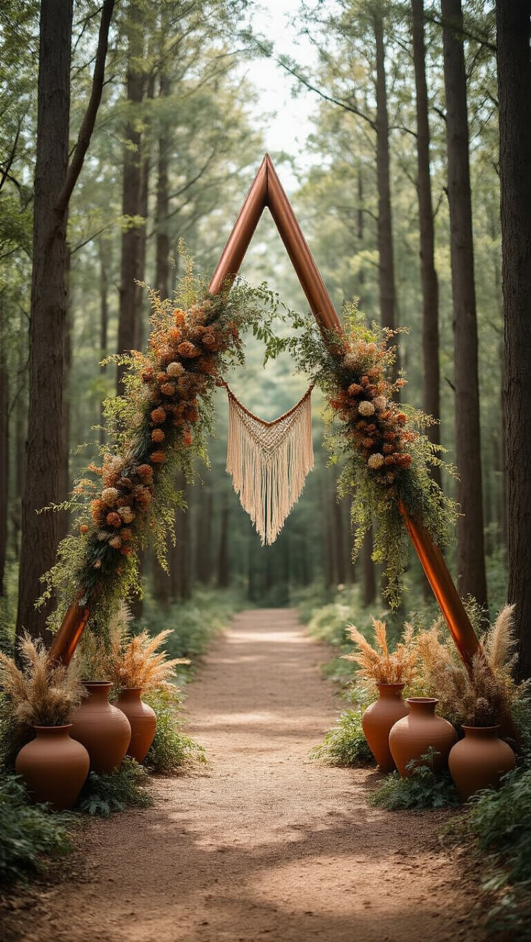 Triangular copper pipe arch with eucalyptus and dried flowers in a forest clearing, flanked by terracotta pottery and centered macramé with wooden beads, under dappled afternoon light.