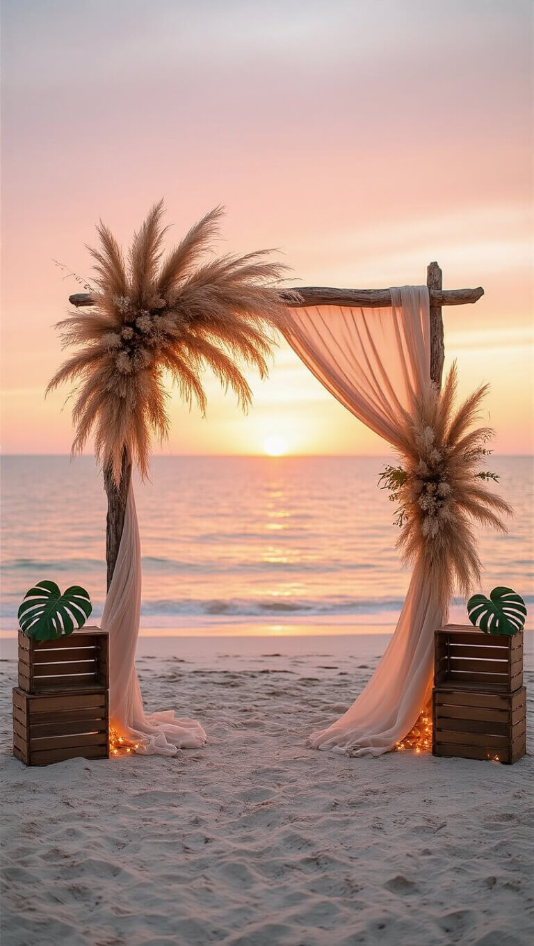 Beachside sunset ceremony with a driftwood arch decorated with pampas grass, air plants, flowing beige fabric, and fairy lights, framed by crates with monstera leaves.