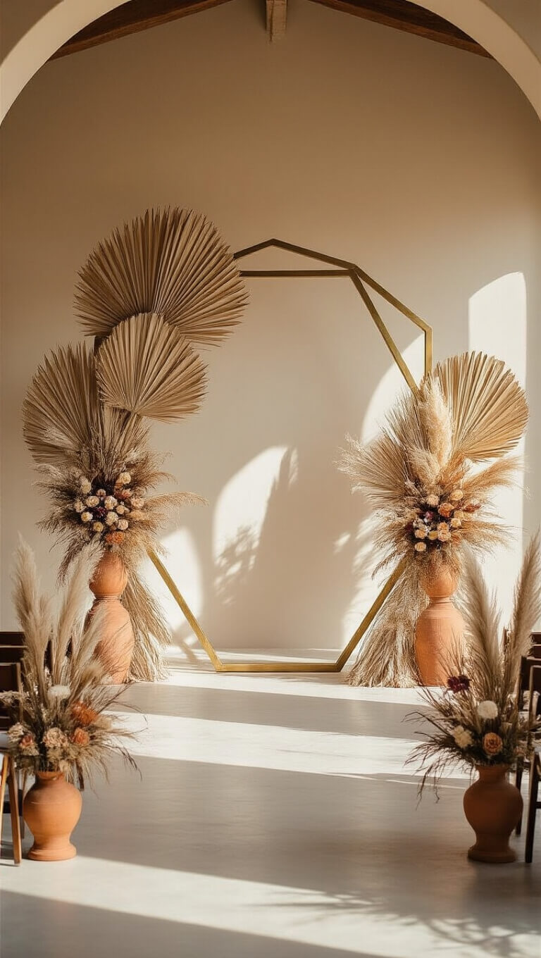 Desert-inspired indoor ceremony with brass hexagon arch, dried palms, macramé layers, terracotta urns, and soft directional lighting.