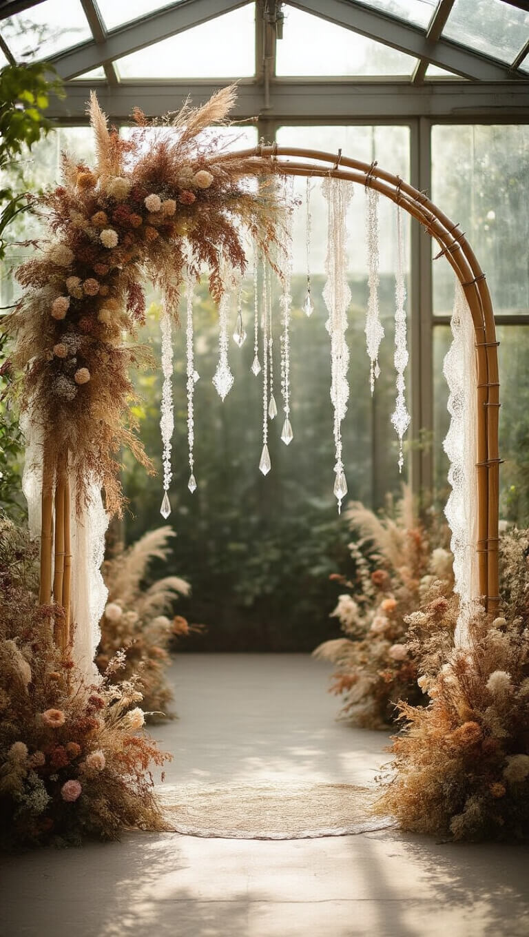 Greenhouse wedding ceremony with a tall bamboo arch adorned with cascading amaranthus, lace ribbons, crystal prisms, and dried flowers, bathed in soft morning light.