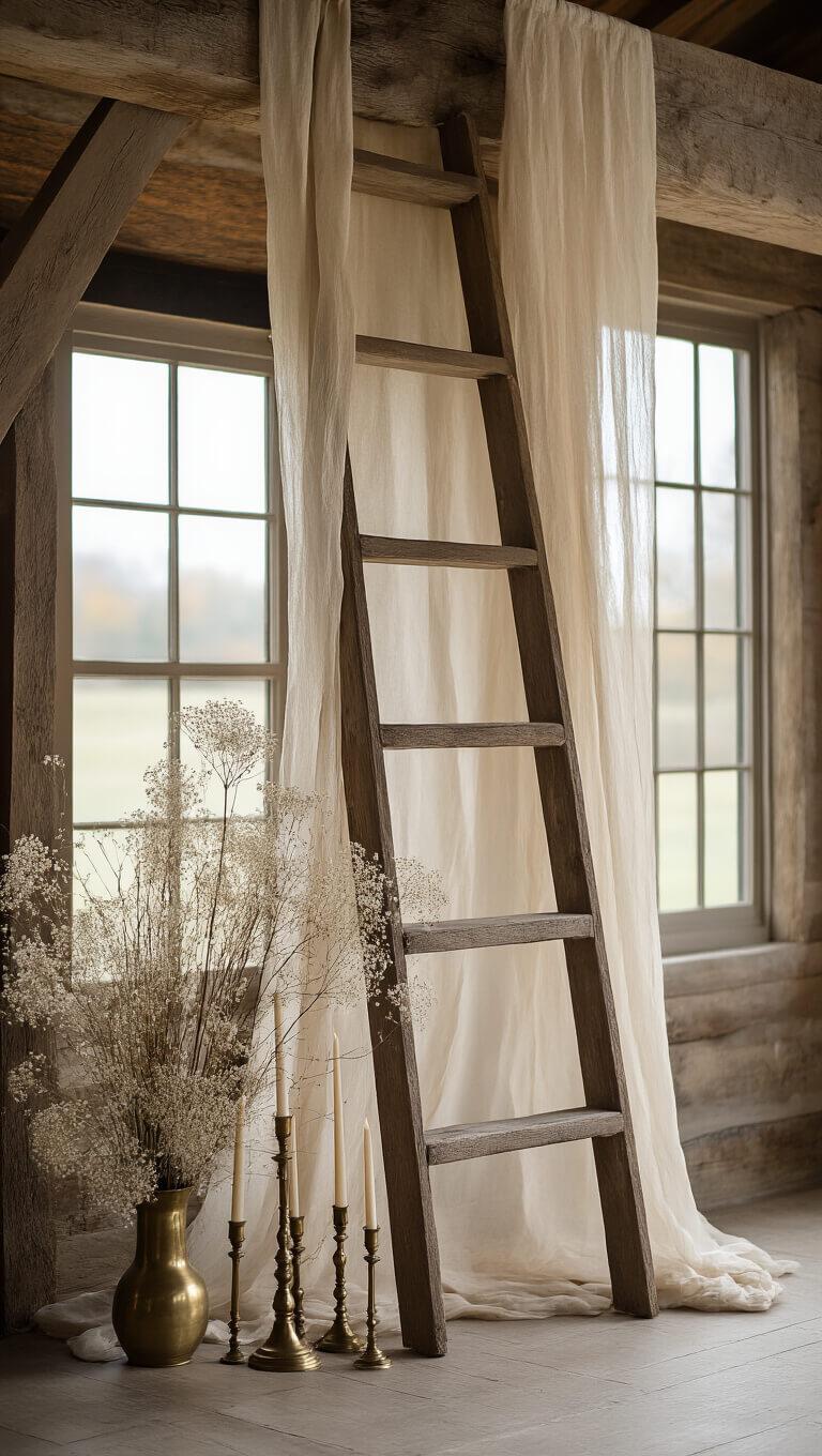 Converted barn interior with rustic wooden ladder arch draped in cheesecloth, dried florals, and brass candlesticks, lit by afternoon sunlight through high windows.