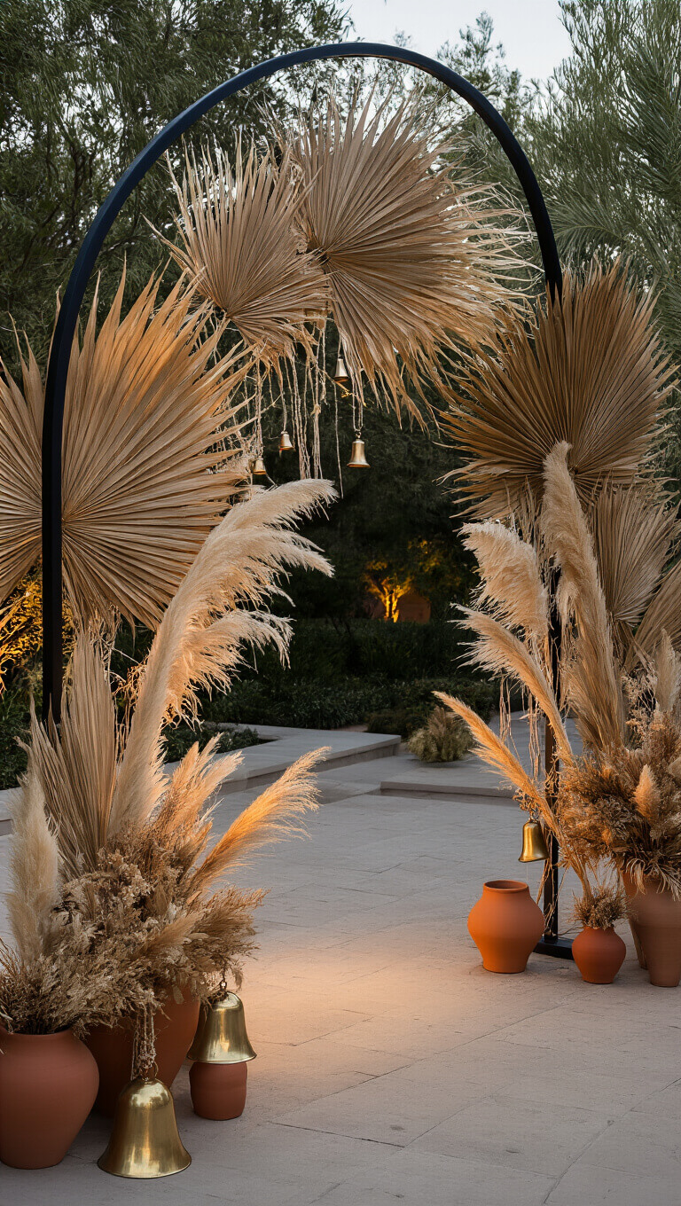Blue hour courtyard ceremony with a 12-foot black metal arch decorated with dried palm fronds, pampas grass, macramé panels, and brass bells, surrounded by terra cotta pots holding dried floral arrangements, all warmly uplighted for dramatic contrast.