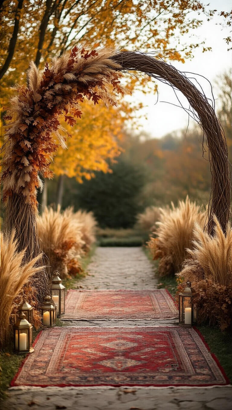 Autumn garden ceremony with twisted willow arch, dried florals, Persian rugs, and brass lanterns at golden hour