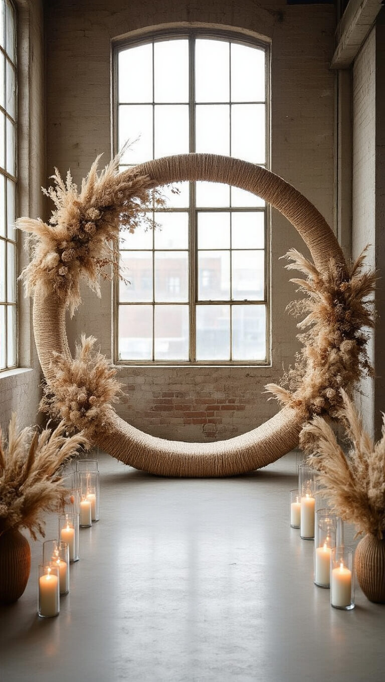 Minimalist loft with sisal-wrapped circular arch, neutral dried flower arrangements, floating candles along aisle, and industrial window backlighting.