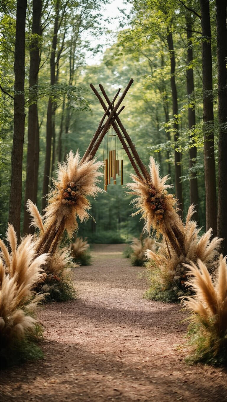 Woodland ceremony with large 16-foot A-frame arch of natural branches, surrounded by flowing dried grasses, vintage macramé hangings, and brass wind chimes under dappled forest light.