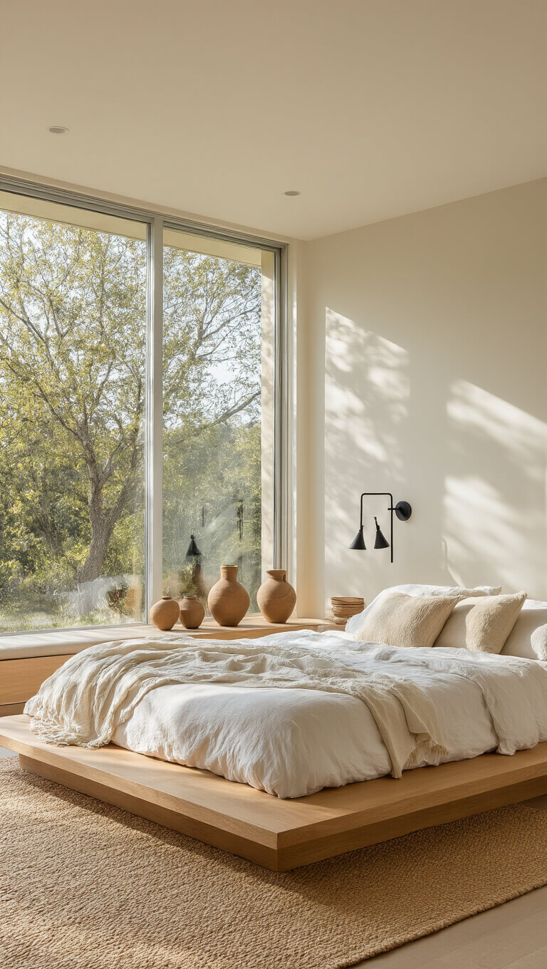 Organic modern bedroom with oak platform bed, white linens, jute rug, and morning light streaming through floor-to-ceiling windows.