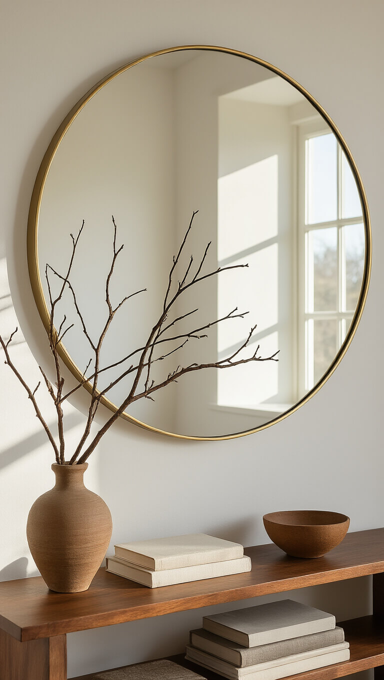 12ft high bedroom corner with white architectural walls, sunlit geometric shadows, oversized round brass-framed mirror, walnut console with sculptural branches, linen books, and ceramic bowl.