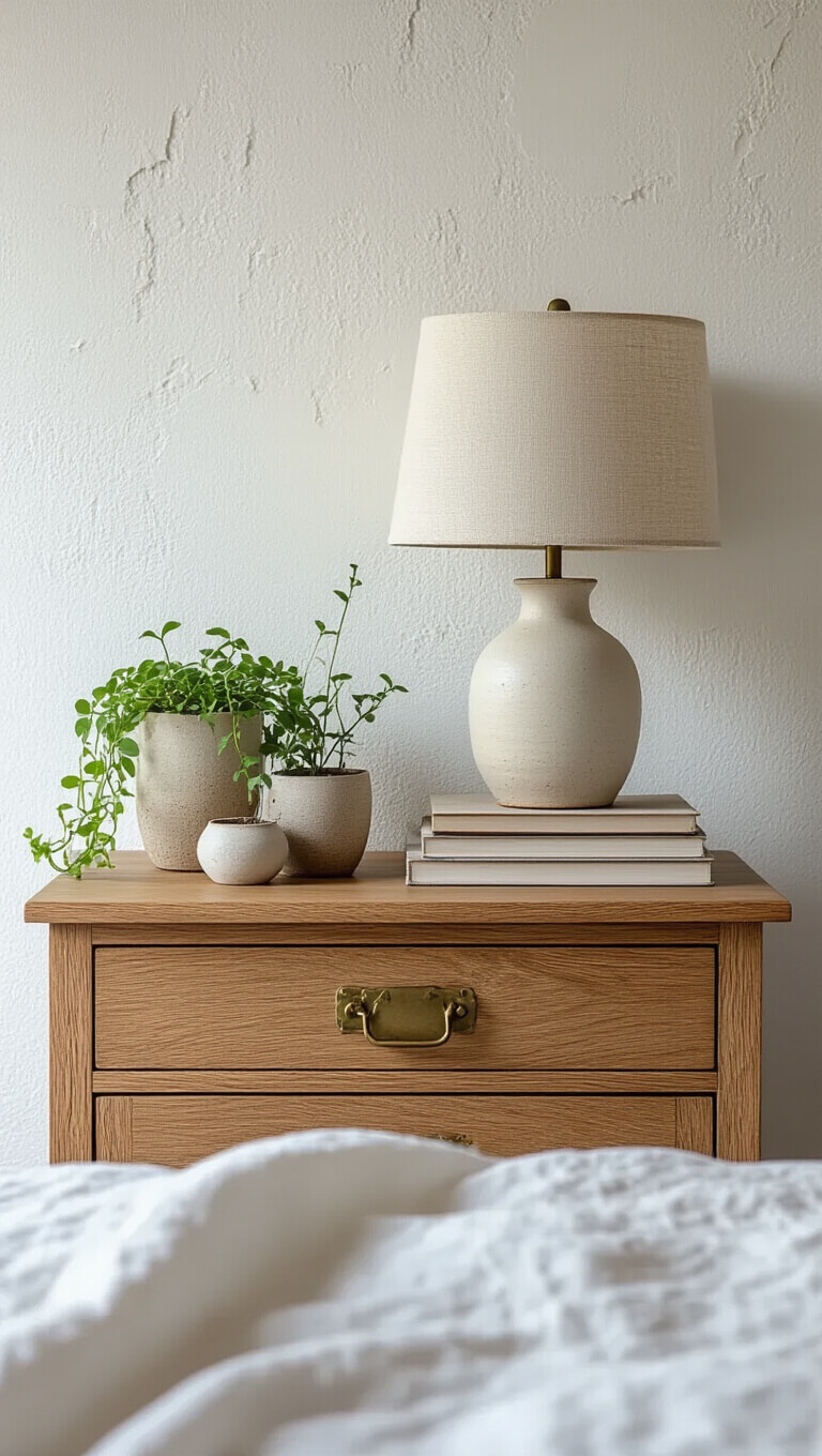 Close-up of oak nightstand with brass hardware, ceramic lamp, trailing plants in glass vessels, and stacked art books in moody evening light.