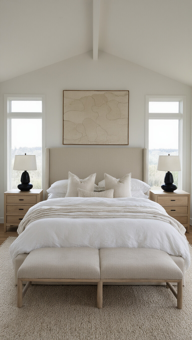 Expansive primary bedroom at magic hour with king bed, upholstered bouclé headboard, white and oatmeal linens, white oak nightstands, black lamps, and abstract textile art above.
