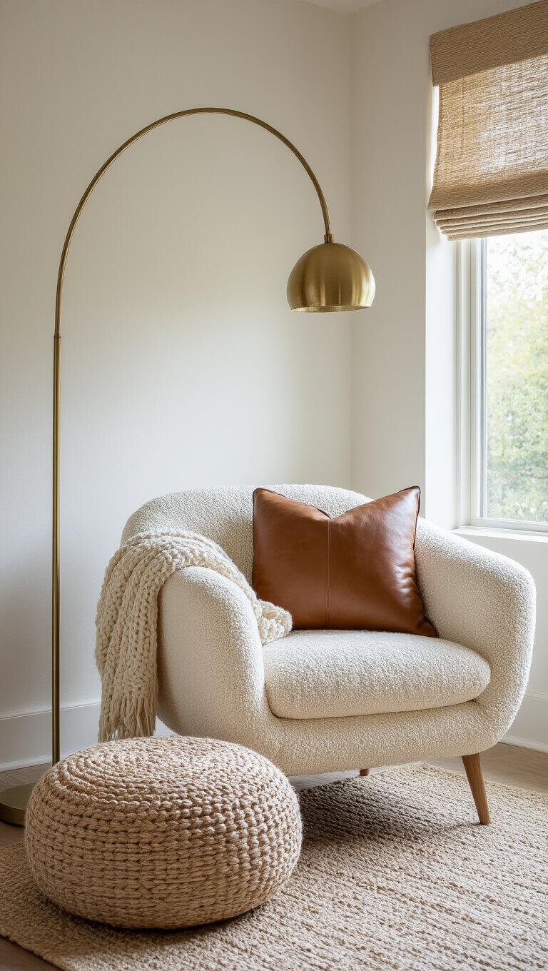 Cozy reading nook with cream boucle chair, jute pouf, brass floor lamp, knit throw, leather pillow, and natural roman shade filtering afternoon light.