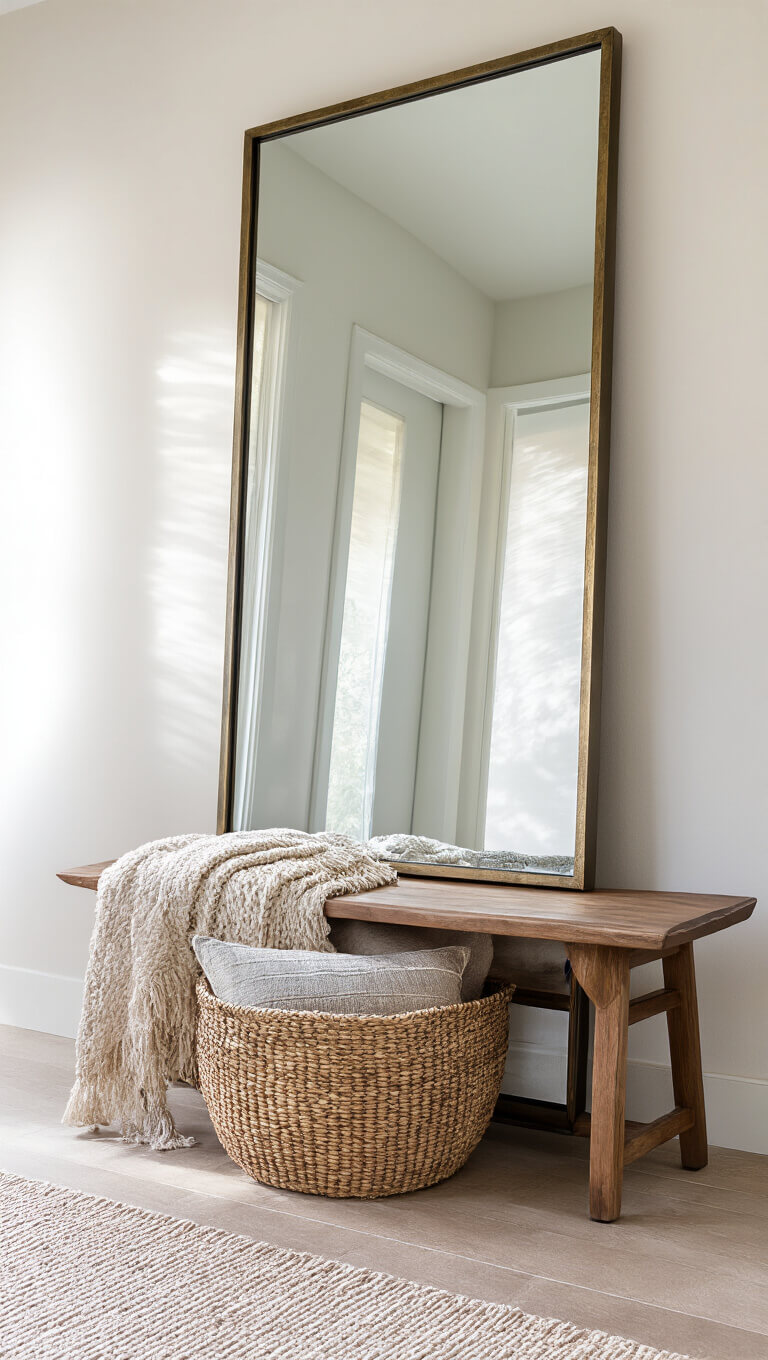 Low-angle view of dramatic dressing area with 10ft antiqued mirror, mid-century wood bench draped with textured throw, handwoven basket of pillows, and ethereal morning light.