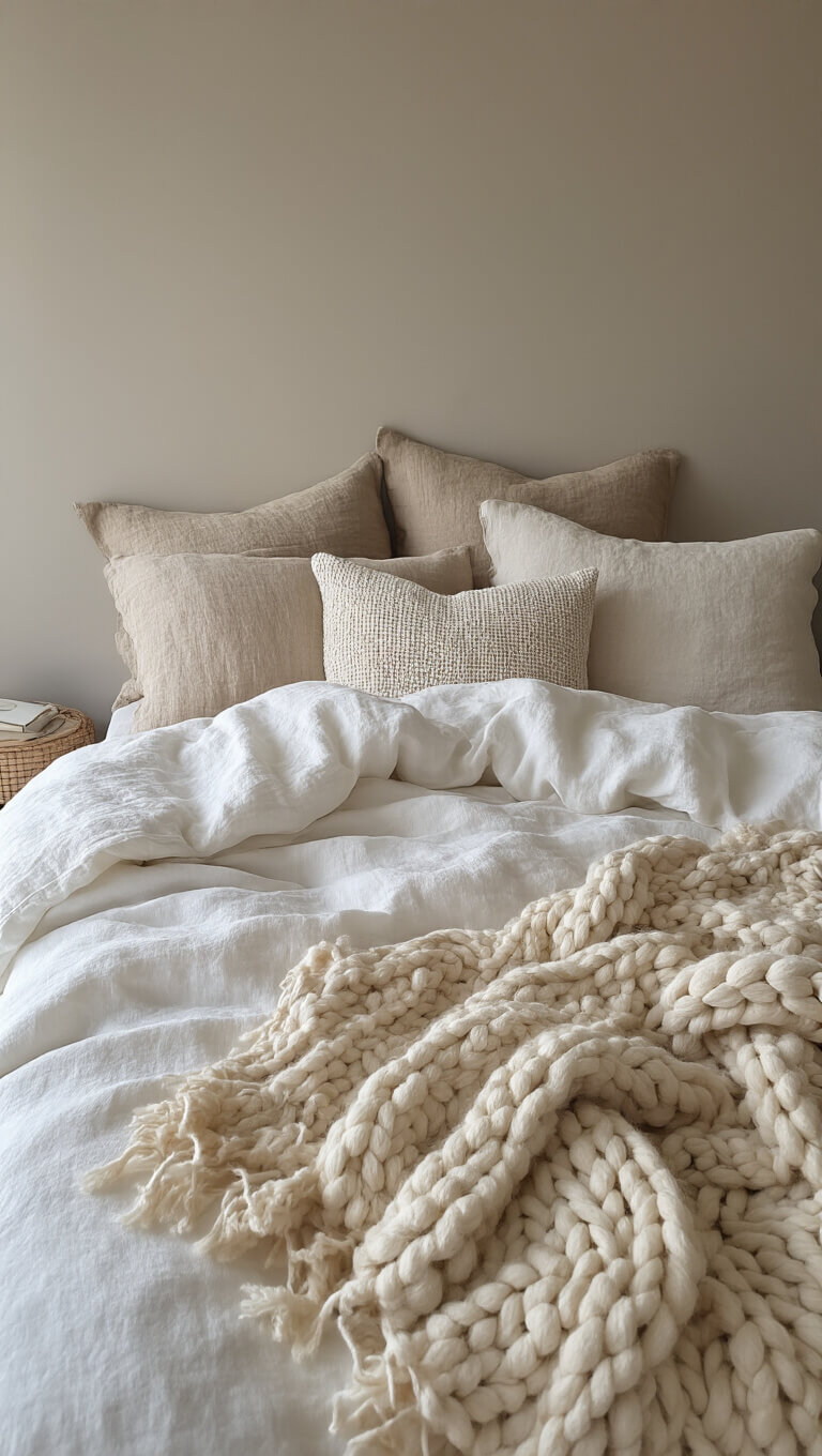 Minimalist bed with rumpled beige linen sheets, white cloud-like duvet, ivory chunky knit throw, and assorted textured European pillows in soft morning side light.
