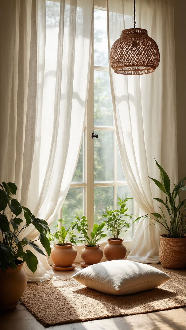 Meditation nook with sheer curtains, jute rug, cushion, potted plants, and rattan pendant in soft backlight.