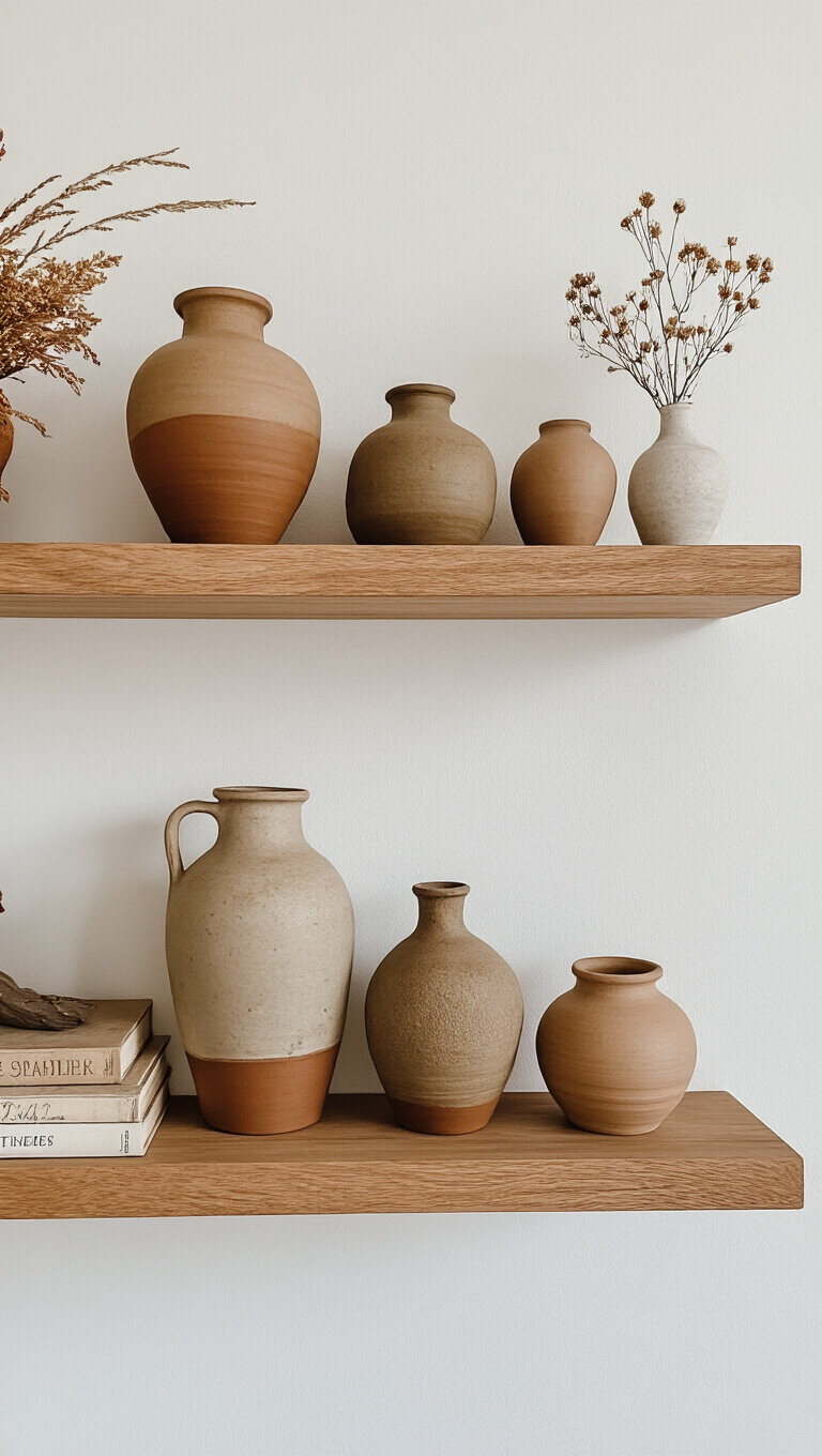 Curated shelf with earth-toned ceramics, vintage books, and dried botanicals on natural wood floating shelves against a white wall.