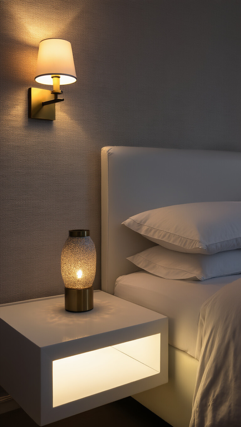 Modern twilight bedroom with warm lighting, ceramic table lamps, brass sconces, floating illuminated nightstands, and textured wallpaper.