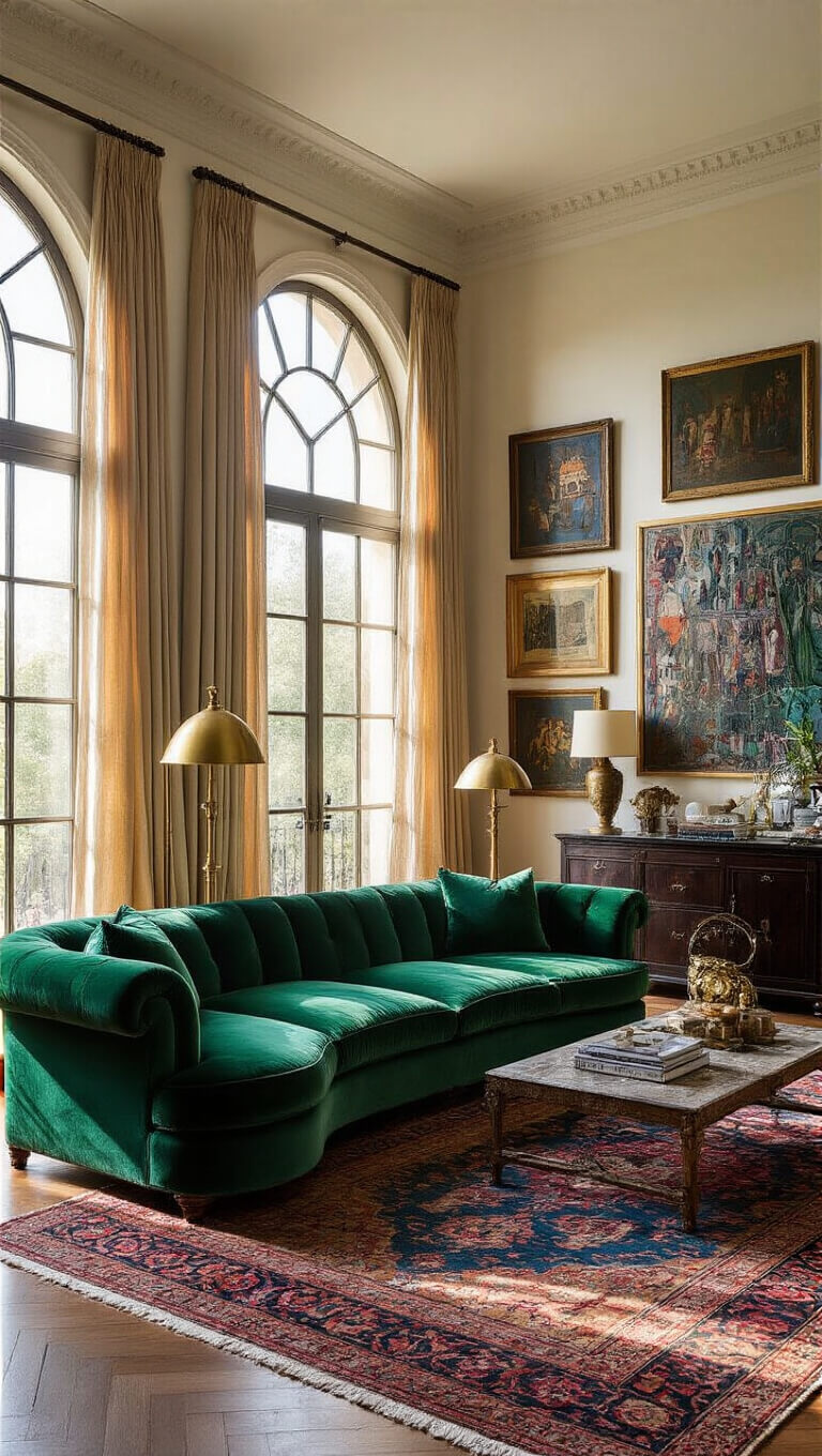 Luxurious living room with emerald velvet sofa, Persian rug, and arched windows lit by golden afternoon light, emphasizing eclectic decor and tall ceilings.