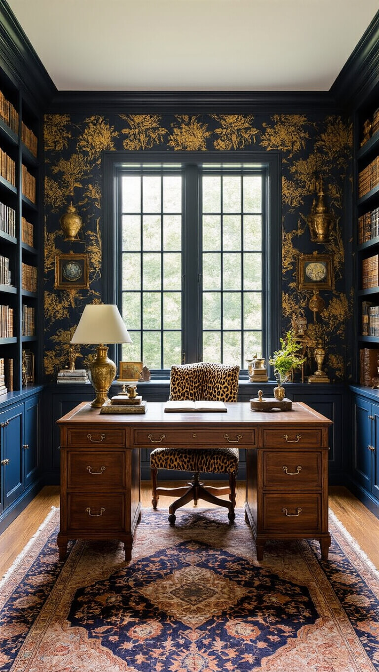 Luxurious home office with floor-to-ceiling windows, navy and gold botanical wallpaper, antique desk, overflowing bookshelves, leopard print chair, and layered oriental rugs.