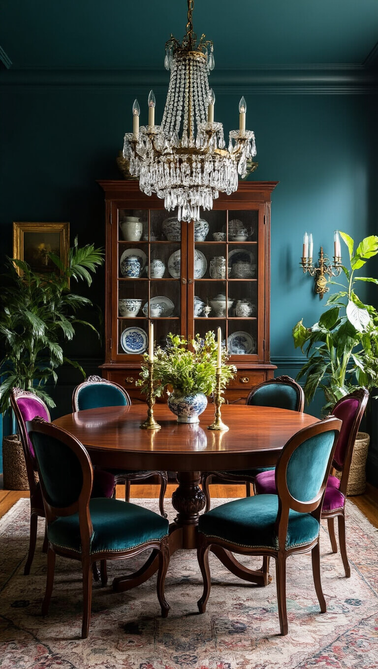 Moody twilight dining room with dark teal walls, crystal chandelier, oval mahogany table surrounded by mismatched vintage velvet chairs, china cabinet of ceramics, potted plants, and gold-accented decor.