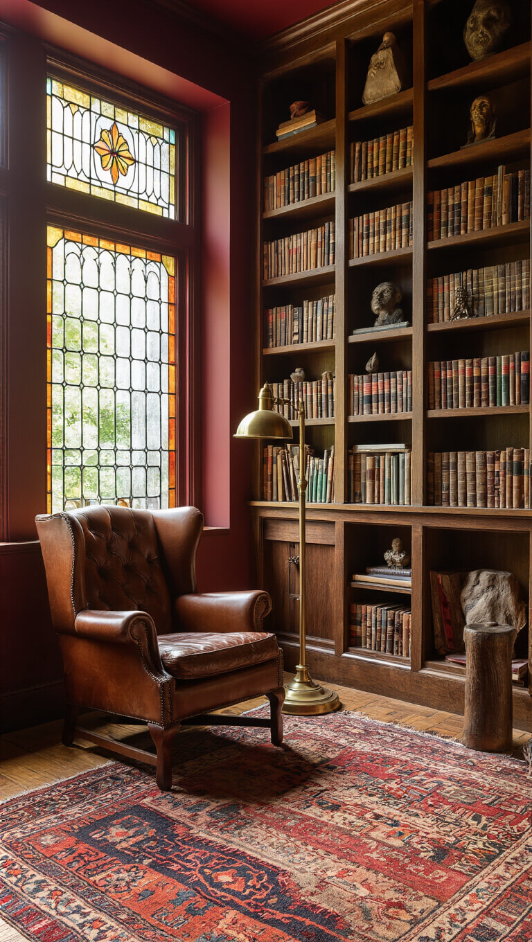 Cozy reading nook with leather wingback chair, brass lamp, vintage Kilim rugs, and stained glass sunlight, viewed from above.