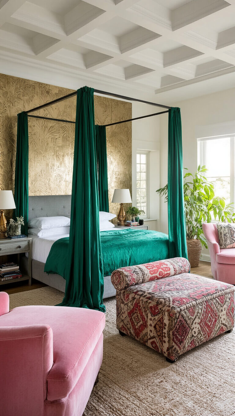 Sunlit 18x20ft main bedroom with geometric tray ceiling, emerald silk canopy bed, pink velvet chaise, tribal-print ottoman, vintage lamps, art books, metallic wallpaper, and lush plants.