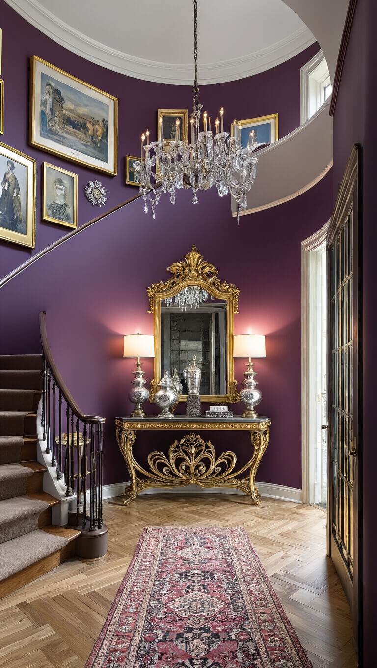 Dramatic 16x18ft entryway with herringbone wood floors, curved staircase, deep purple walls, crystal sconces, salon-style artwork, antique console, gilded mirror, Persian runner, and brass-and-glass door.
