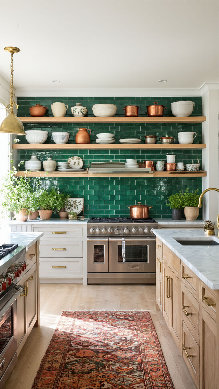 Sunlit 14x16ft kitchen with emerald subway tiles, open shelving displaying pottery and copper cookware, marble countertops, brass hardware, vintage kilim runner on white oak floors, and potted herbs adding natural touches.