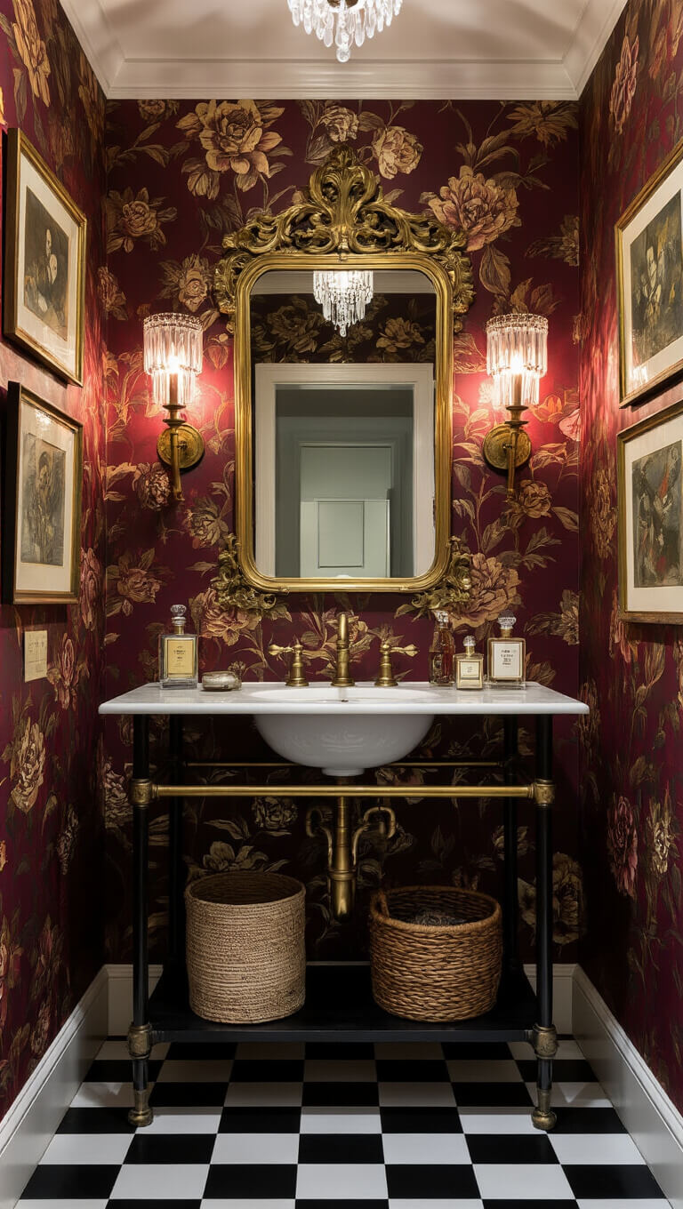 Eclectic 12x14ft powder room with ruby and gold floral wallpaper, antique brass mirror, wall-mounted sink, crystal sconces, vintage decor, and black-and-white checkered floor at dusk.