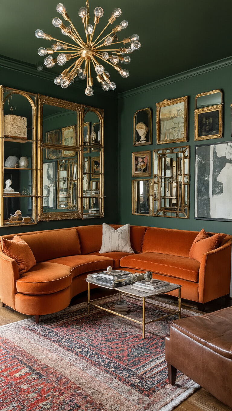 Sophisticated family room with burnt orange velvet sectional, vintage chandeliers, layered rugs, brass shelves, and green walls with artwork and mirrors.