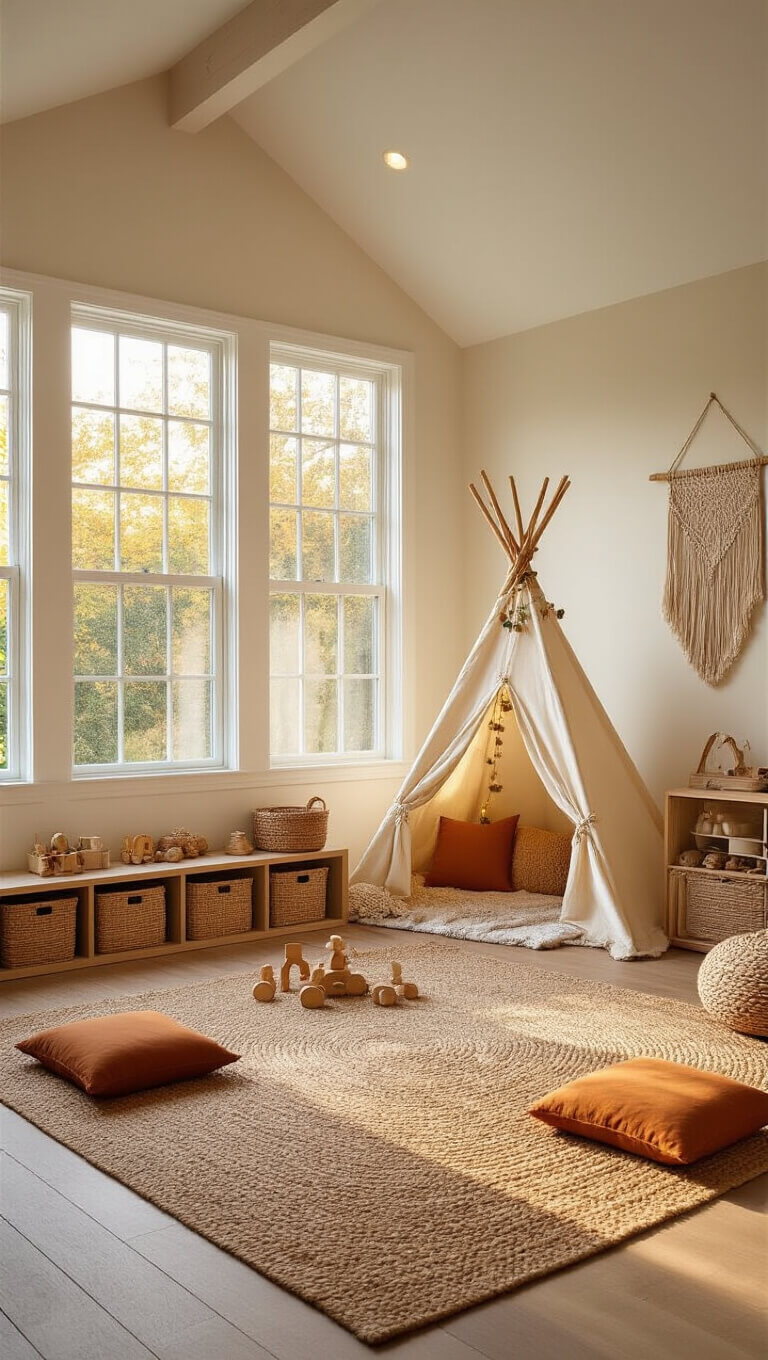 Cozy sunlit boho playroom with cream canvas teepee, jute rug, rattan bookshelf, and colorful floor cushions, viewed from child's perspective.