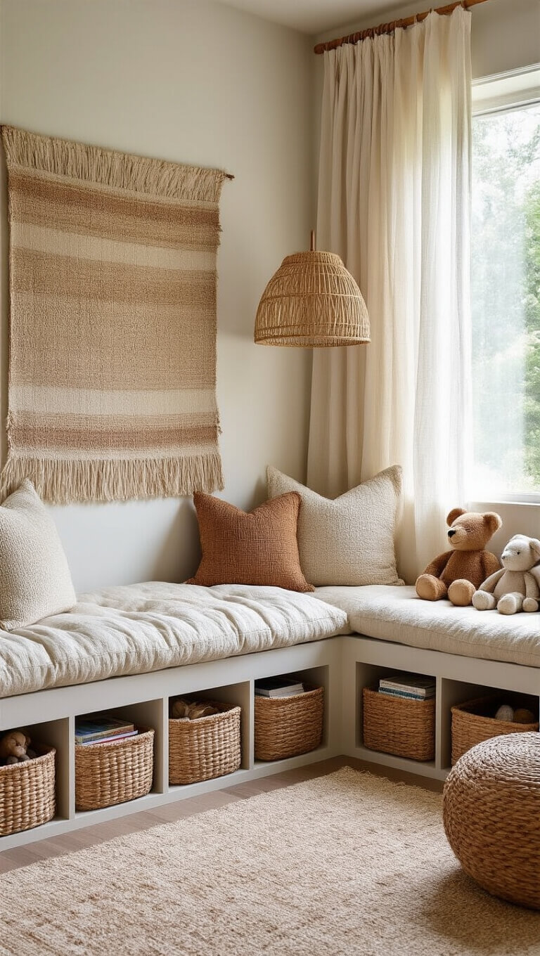 Cozy corner reading nook with cream bouclé floor cushion, earth-tone wall tapestry, rattan lamp, and woven baskets of books and toys, bathed in morning light.