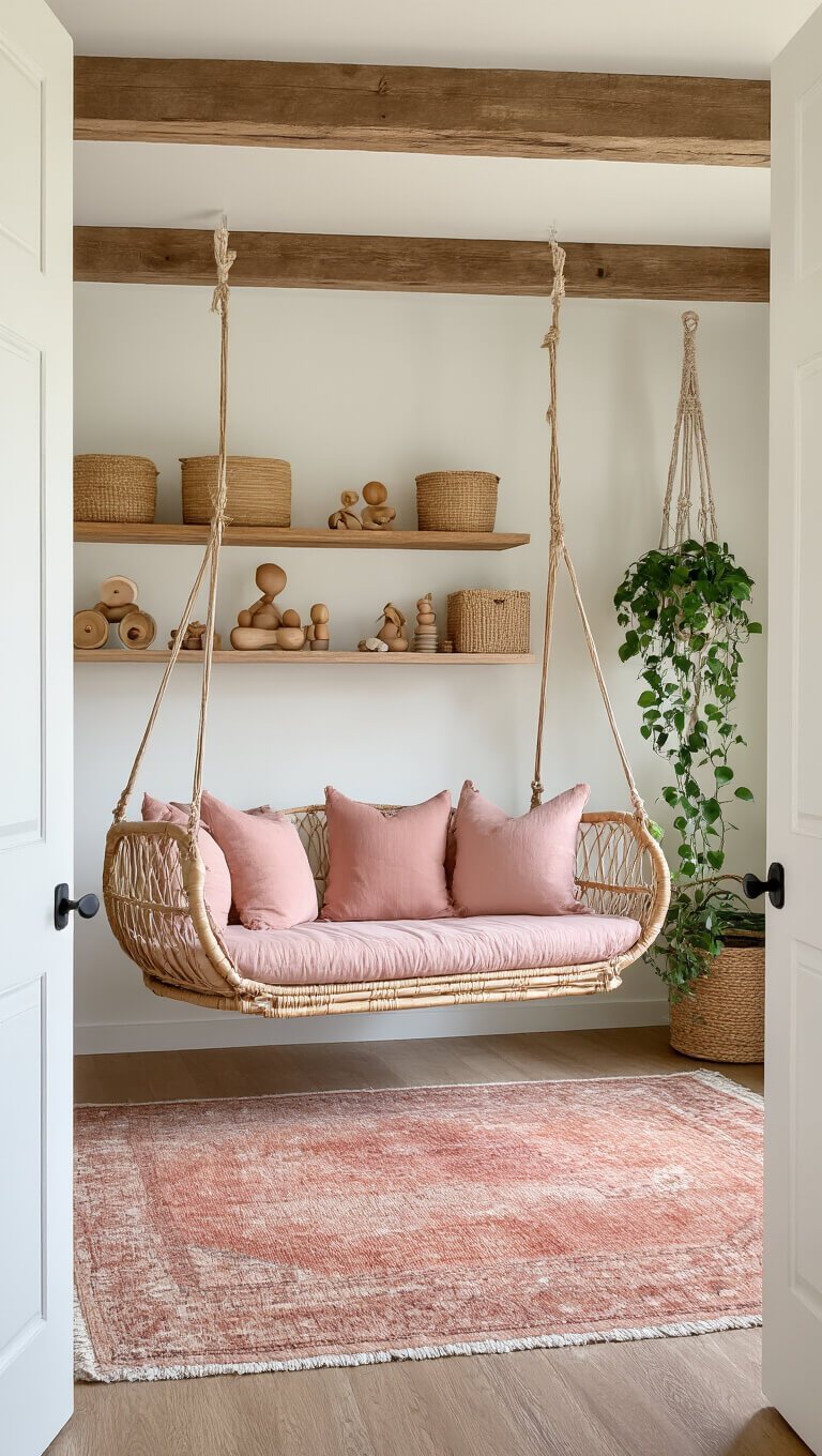 Wide-angle view of a cozy playroom with exposed wooden beams, a rattan swing chair with pink cushions, vintage Moroccan rugs, wooden toys on open shelves, and hanging plants.